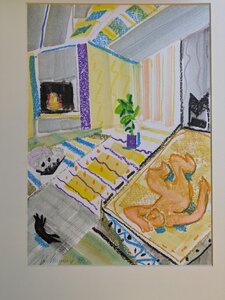„Vor dem Kaminfeuer I“, Ölkreide auf Papier, 51 x 60 cm, © Wolfgang Marquart 1997