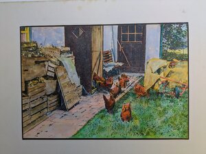 „Weidach-Westerham, Hühner“, Kolorierter Druck, 29 x 39 cm, © Wolfgang Marquart 1975