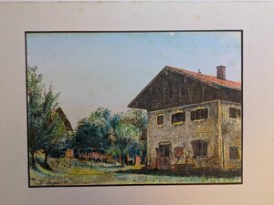 „Weidach-Westerham, Bauernhof Leiß I“, Kolorierter Druck, 29 x 39 cm, © Wolfgang Marquart 1975