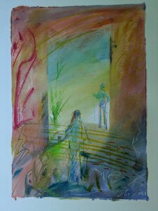„Der Besucher“, Öllasur und Kreide auf Papier, 90 x 70 cm, © Wolfgang Marquart 2001