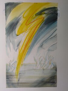 Odyssee Zyklus „Der Blitz des Zeus beendet die Menschenschlachterei“, Öllasur und Kreide auf Papier, 100 x 70 cm, © Wolfgang Marquart 1999