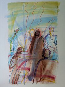 „Der Gesang des Demodokos“, Öllasur und Kreide auf Papier, 100 x 70 cm, © Wolfgang Marquart 1999