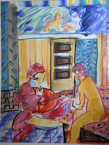 „Der Lautenspieler aus der Serie Schwarzer Hund“, Öllasur und Ölkreide auf Papier, 93 x 73 cm, © Wolfgang Marquart 2007
