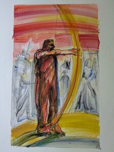 „Die Bogenprobe des Odysseus“, Öllasur und Kreide auf Papier, 100 x 70 cm, © Wolfgang Marquart 1999