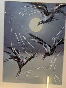 „Drei Vögel vor weißem Vollmond“, Öllasur auf Papier, 52 x 62,5cm, © Wolfgang Marquart 2014