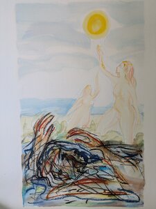 „Hermes geleitet die Seelen der Freier - Die Tore der Sonne“, Öllasur und Kreide auf Papier, 100 x 70 cm, © Wolfgang Marquart 1999