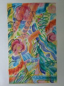 „Im Garten“, Öllasur und Kreide auf Papier, 100 x 70 cm, © Wolfgang Marquart 2001