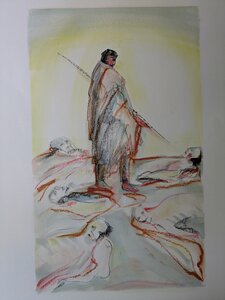 „Nach dem Gemetzel“, Öllasur und Kreide auf Papier, 100 x 70 cm, © Wolfgang Marquart 1999