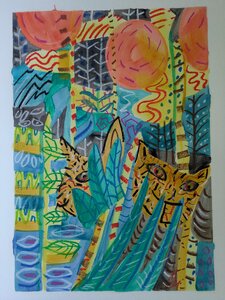 „Sommer im Garten“, Öllasur und Kreide auf Papier, 90 x 70 cm, © Wolfgang Marquart 2001