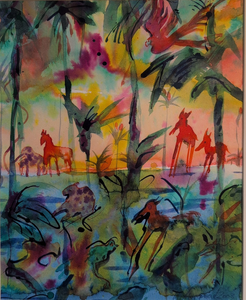 „Dschungelfieber“, Aquarell mit Rahmen, 53 x 63 cm, © Wolfgang Marquart