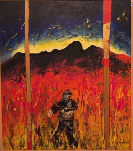 „Rote Erde“, Öl auf Leinwand mit Holzfurnier und Rahmen, 144 x 123 cm, © Wolfgang Marquart